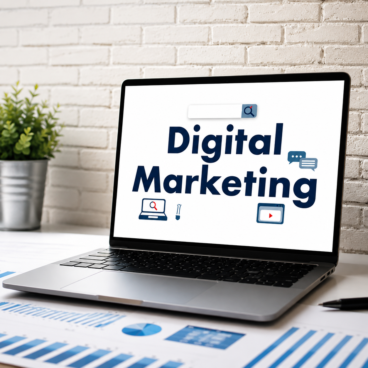 A Laptop screen With text Digital Marketing