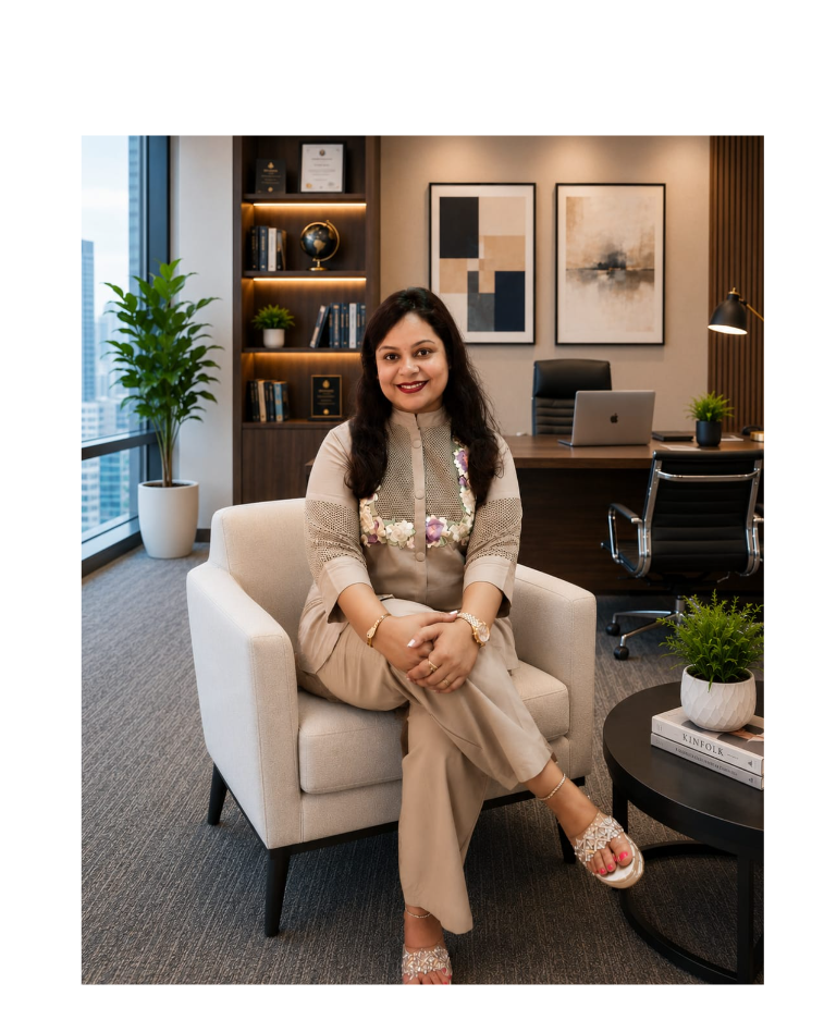Deepika, a digital marketing professional, smiling in a Beige color Dress ,Sitting on a Sofa in a Office background.